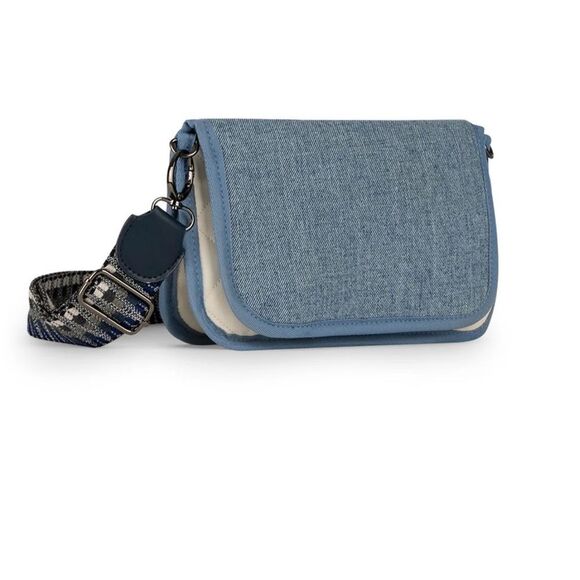 Stylish Blue Denim Crossbody Bag Small Wallet on Chain - NWT White Vegan Leather - Picture 5 of 9